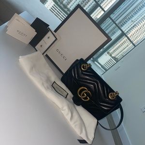 Gucci Calfskin Matelasse Small GG Marmont Shoulder Bag Black